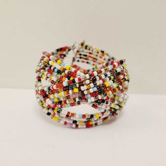 Vtg Womens Multi Beaded Cuff Bracelet Multi Color Bohemian - Picture 3 of 5